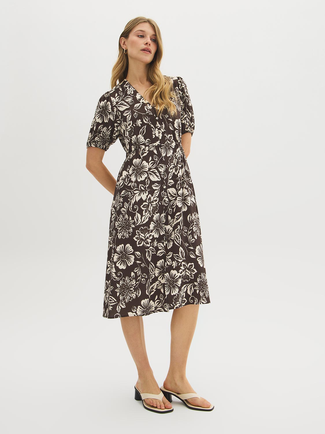 Printed Button-Front Midi Dress