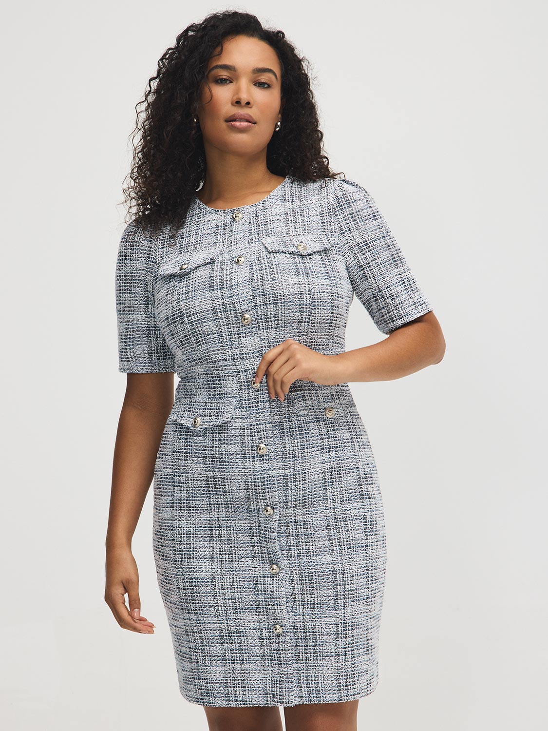 Button-Front Boucle Dress