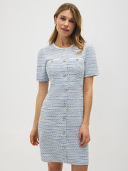 Short Sleeve Button-Front Boucle Dress