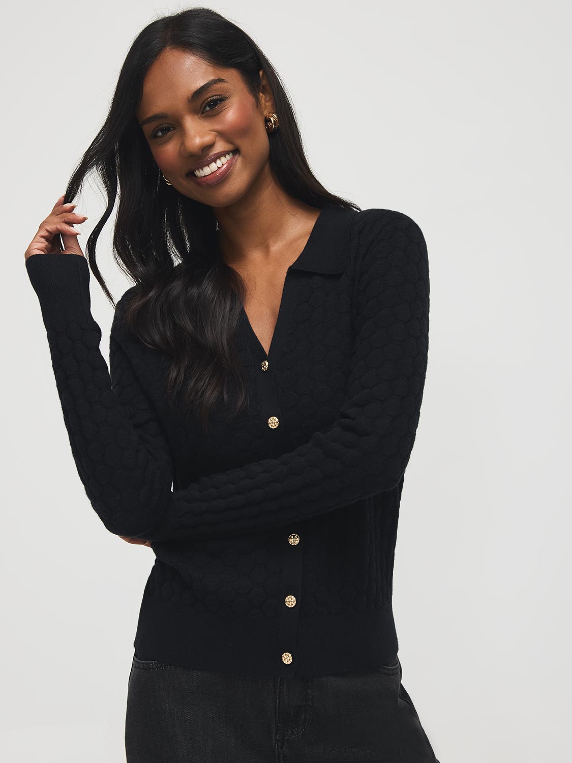 Johnny Collar Honeycomb Stitch Cardigan