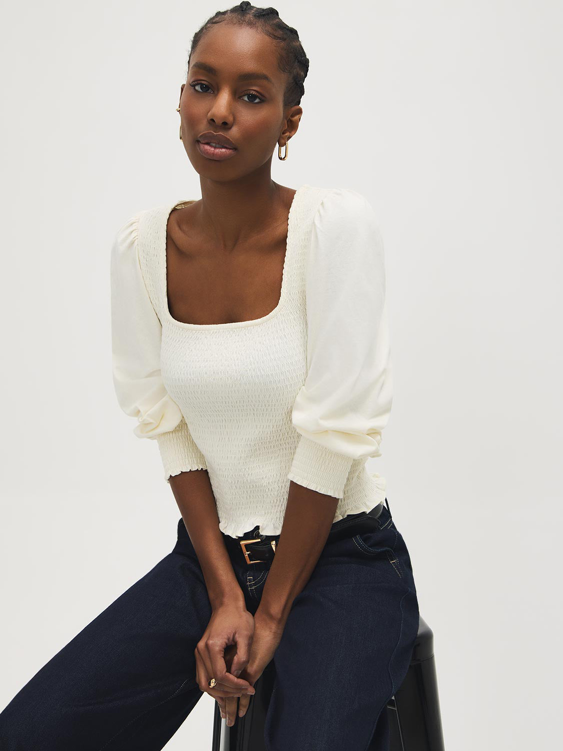 Cotton Square Neck Smocked Top