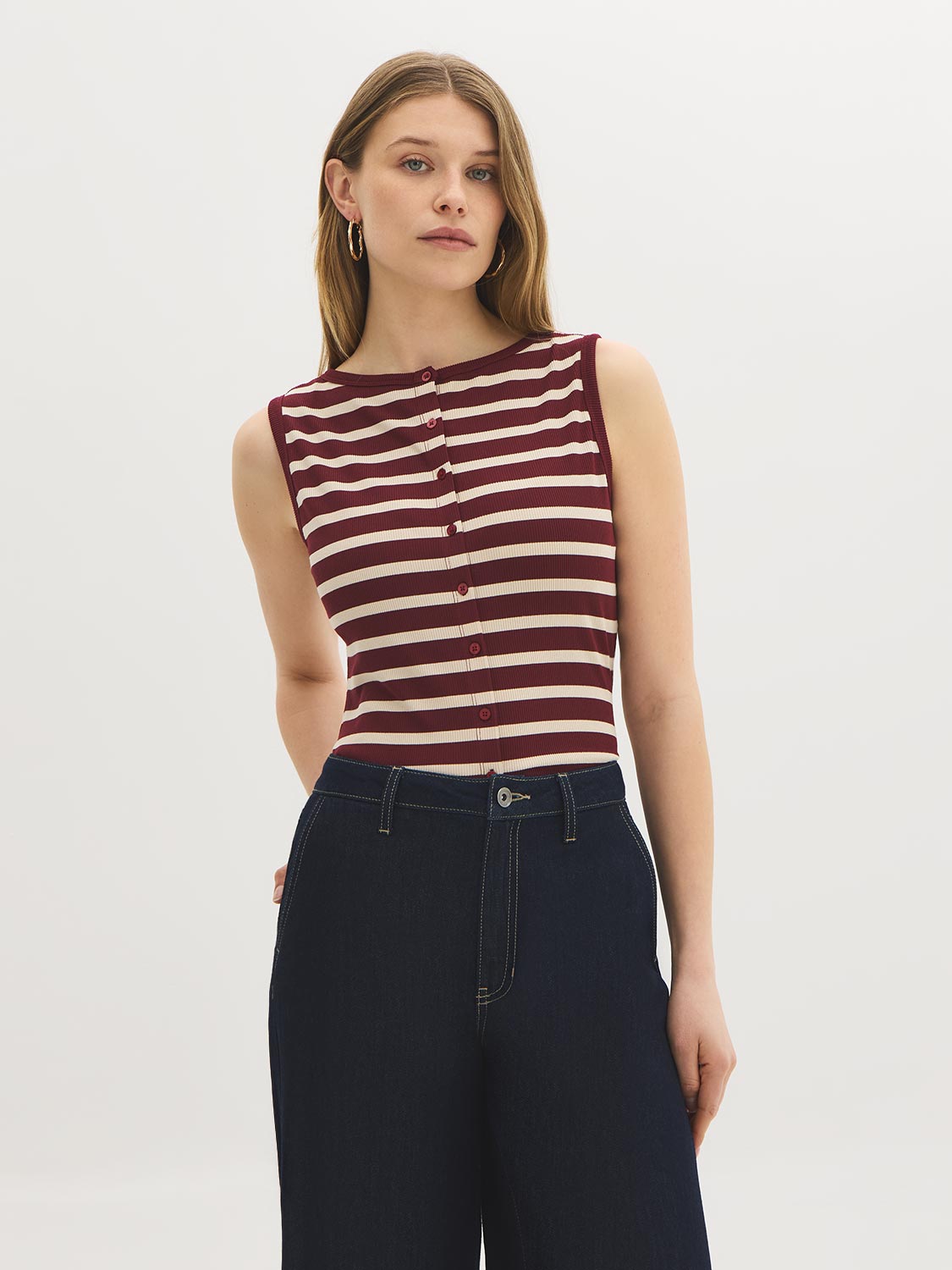 Striped Boat Neck Button-Front Top