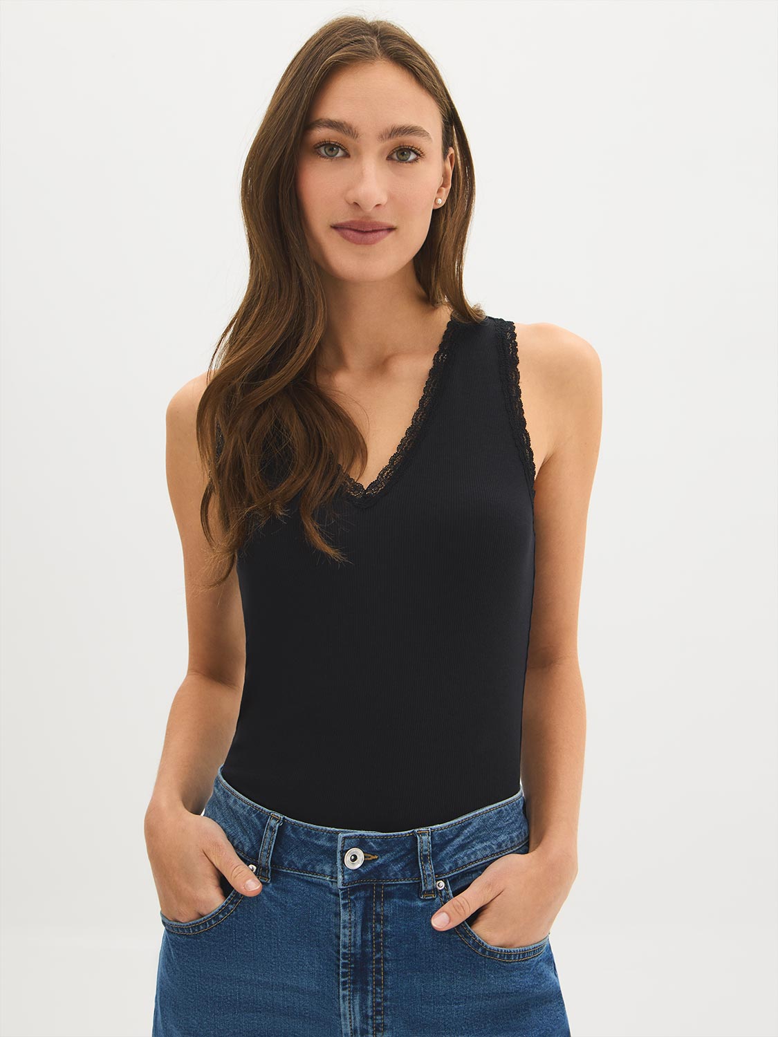 Cotton-Blend Lace V-Neck Top