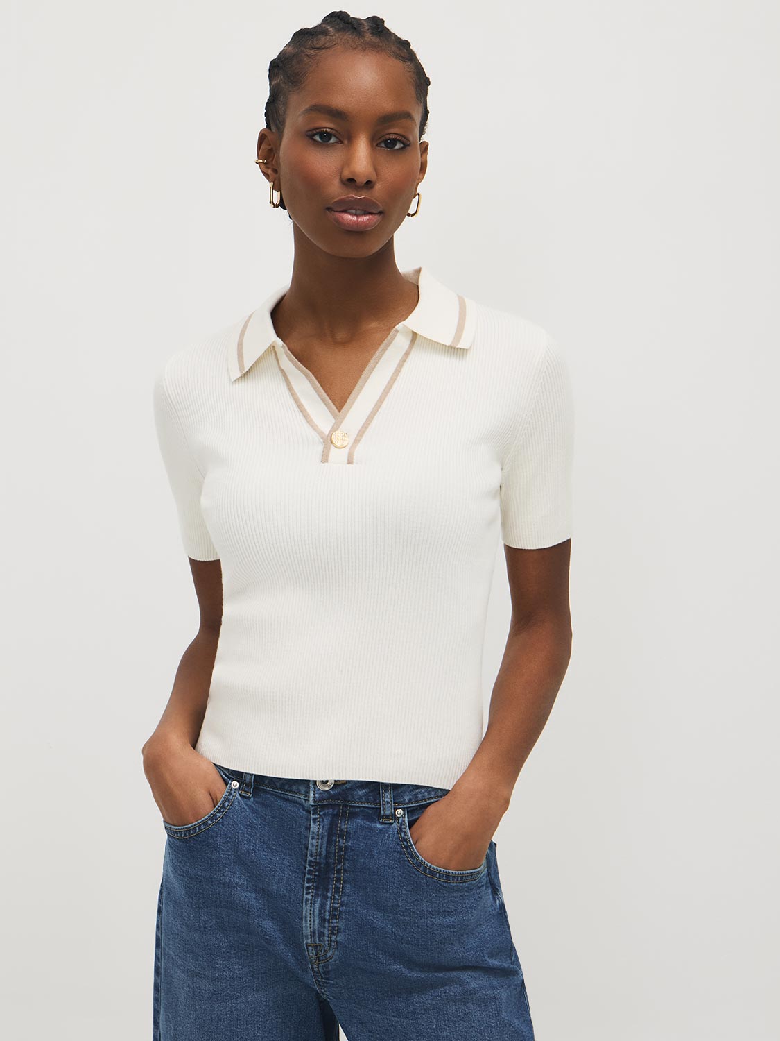 Cotton-Blend Polo Sweater with Contrast Piping