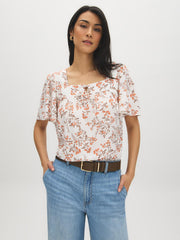 Printed Square Neck Blouse with Tie Detail