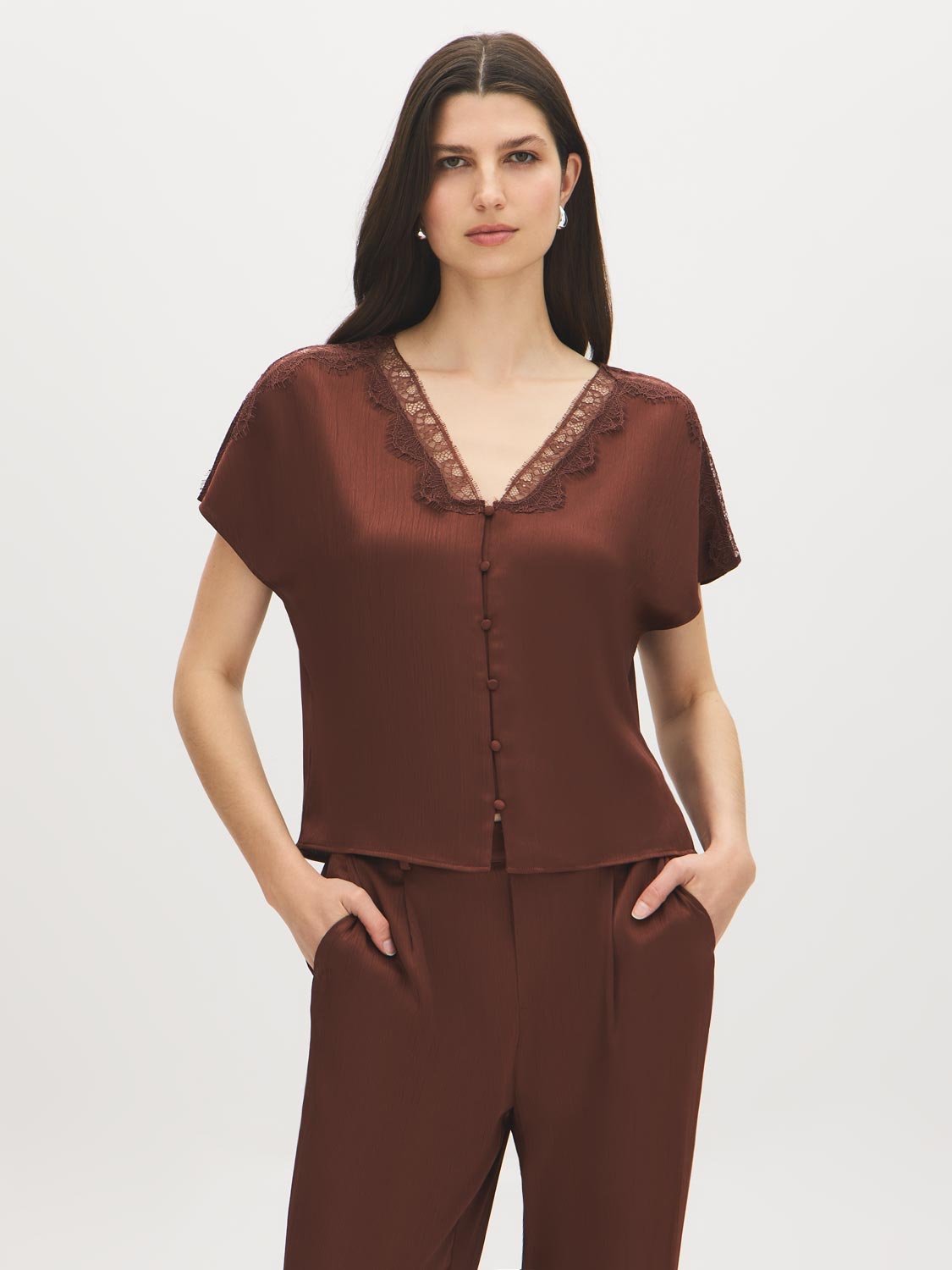 Lace Trim V-Neck Blouse