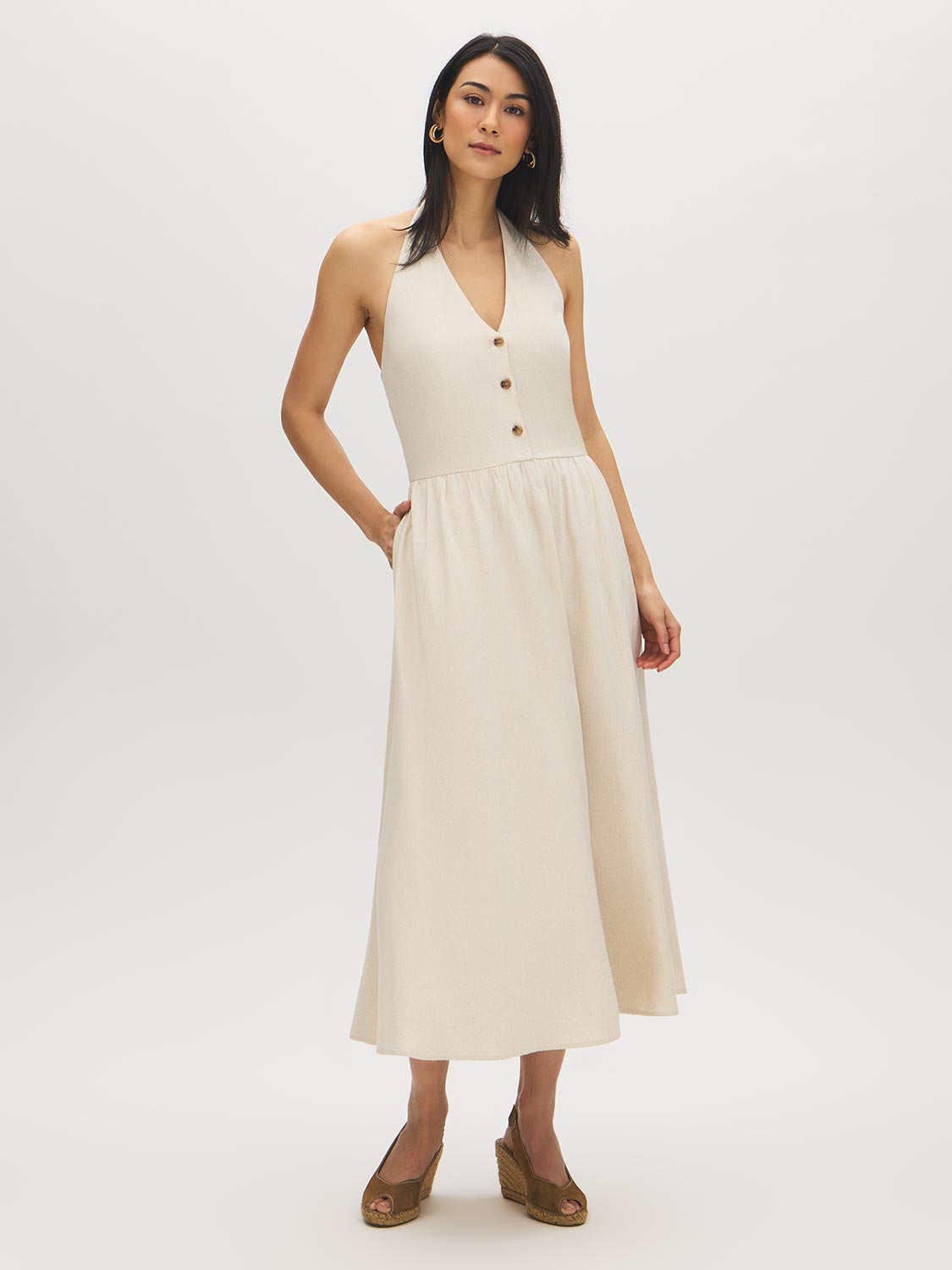 Linen-Blend Halter Midi Dress