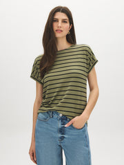 Striped Melange Cuffed Sleeve Tee