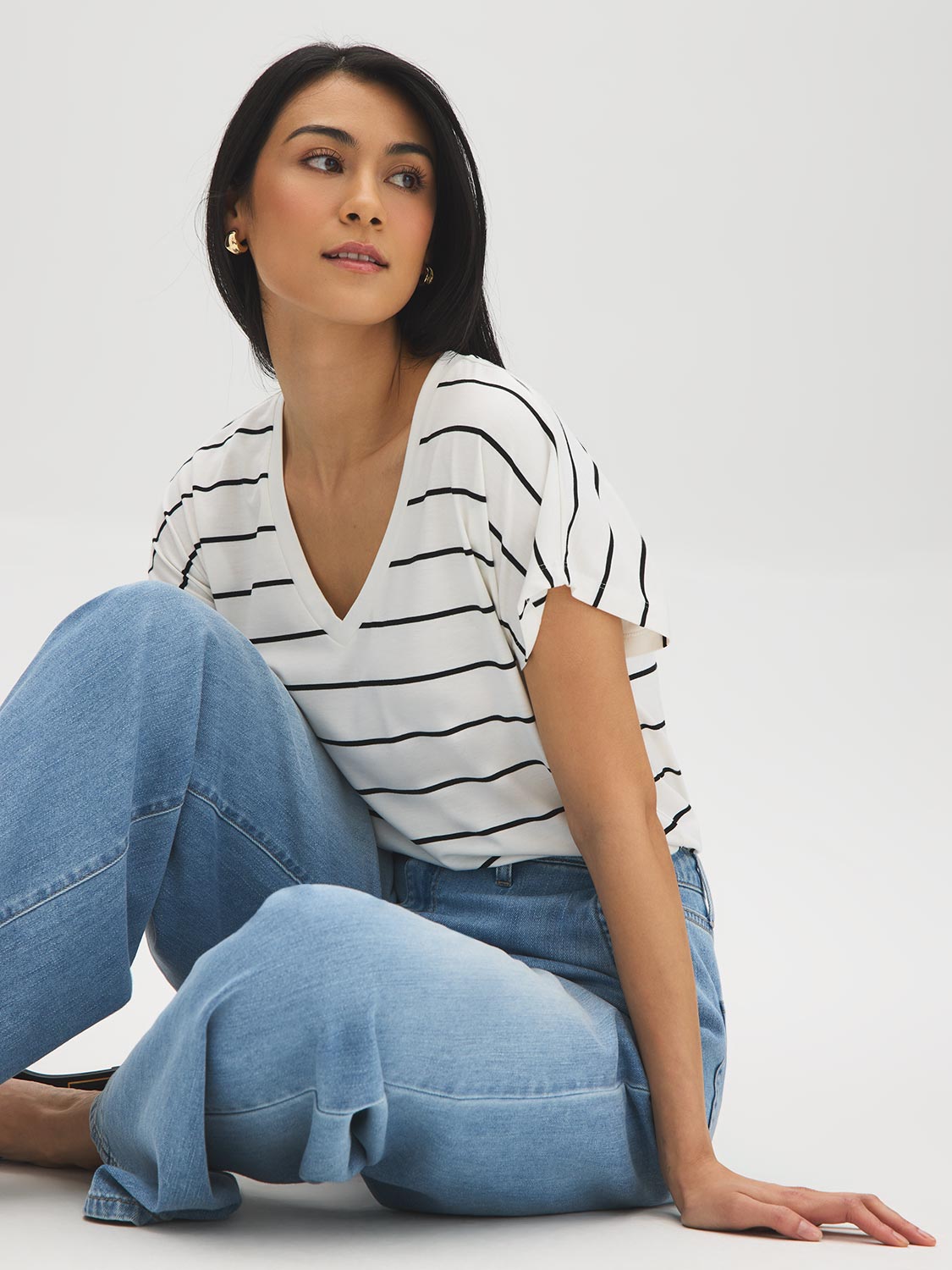 Striped V-Neck Dolman Sleeve T-Shirt