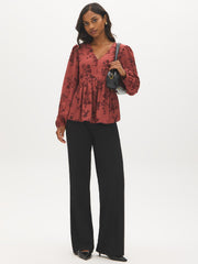 Printed Satin-Like Peplum Blouse