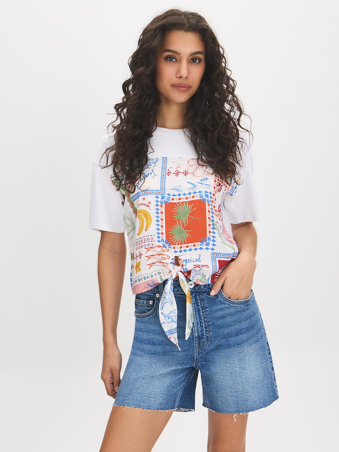 Cotton Scarf Print Tie-Front Tee