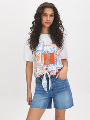 Cotton Scarf Print Tie-Front Tee