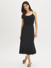 Lace Trim Satin-Like Midi Skirt