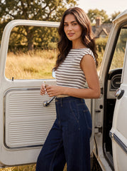 Double Layer Striped Boat Neck Top