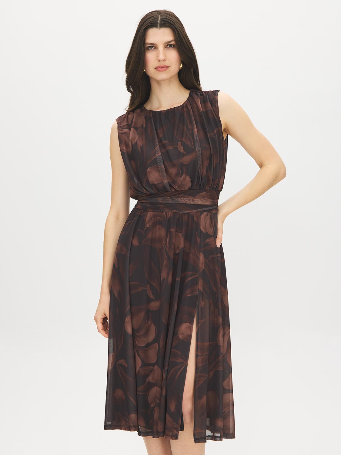 Floral Print Mesh Belted Dress