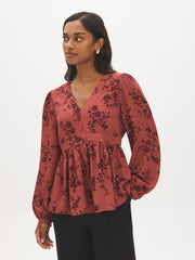 Printed Satin-Like Peplum Blouse