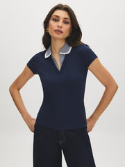 Open Collar Ribbed Knit Top