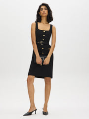Belted Crepe Dress with Button Detail