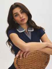 Open Collar Ribbed Knit Top