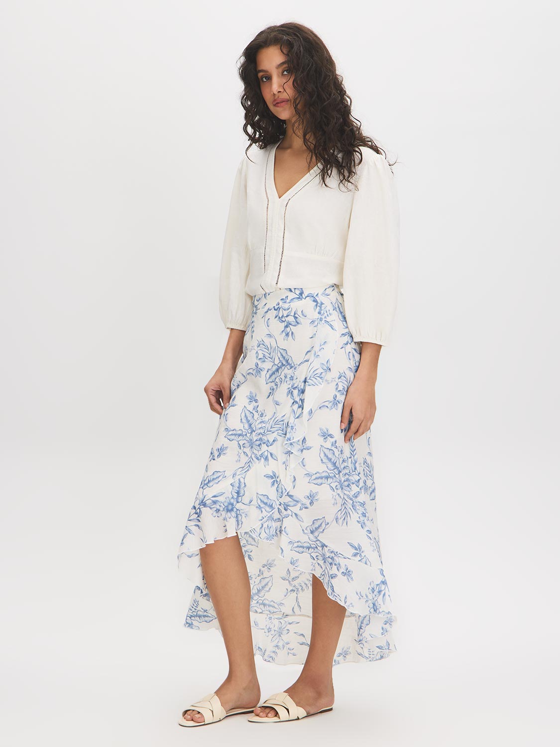 Floral Ruffle High-Low Midi Skirt