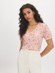 Floral Crinkle V-Neck Top