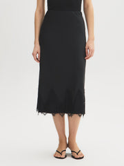 Lace Trim Satin-Like Midi Skirt